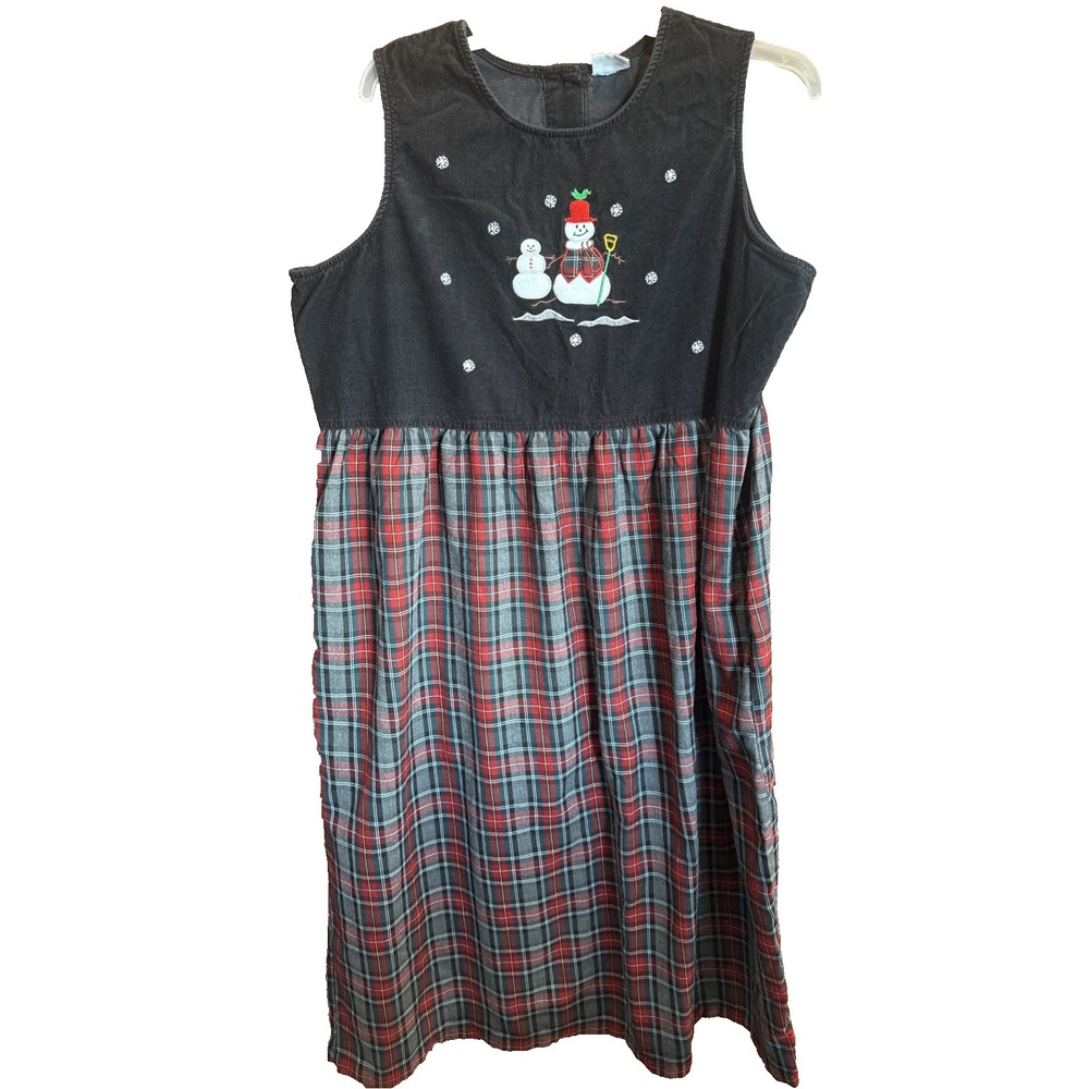 22w Bobbie Brooks Jumper Dress Scottish Plaid Embroidered Snowman Dress